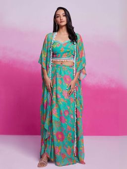 Odette - Women Teal Floral Sweetheart Comfortable Top with Skirt and Shrug (Set of 3)