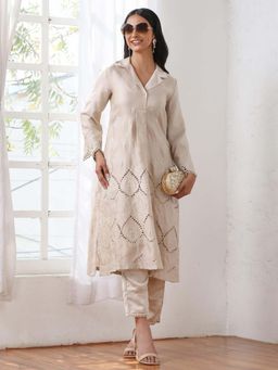 Swtantra - Women Cream Embroidered Collar Neck A-Line Kurta with Pant (Set of 2)