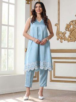 Swtantra - Women Blue Embroidered V-Neck A-Line Kurta with Pant (Set of 2)
