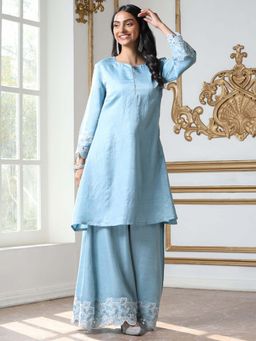 Swtantra - Women Blue Embroidered Round Neck A-Line Kurta with Palazzo (Set of 2)