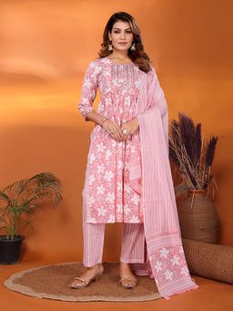 Rangita - Women Peach Floral Round Neck A-Line Kurta with Pant and Dupatta (Set of 3)