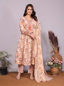 Rangita - Women Peach Floral V-Neck A-Line Kurta with Pant and Dupatta (Set of 3)