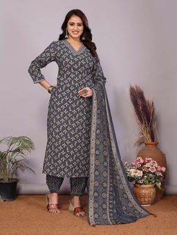 Rangita - Women Navy Blue Printed V-Neck Straight Fit Kurta with Pant and Dupatta (Set of 3)