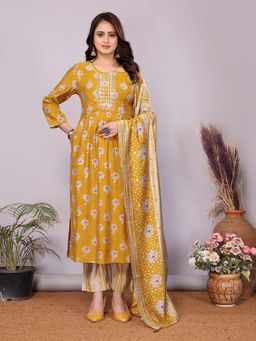 Rangita - Women Mustard Floral Round Neck A-Line Kurta with Pant and Dupatta (Set of 3)