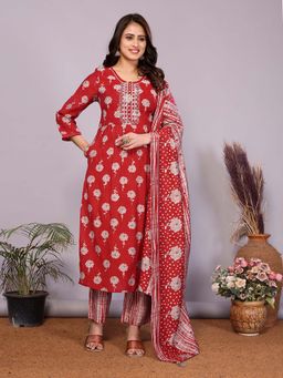 Rangita - Women Red Floral Round Neck A-Line Kurta with Pant and Dupatta (Set of 3)
