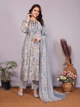 Rangita - Women Blue Floral Mandarin Neck Straight Fit Kurta with Pant and Dupatta (Set of 3)