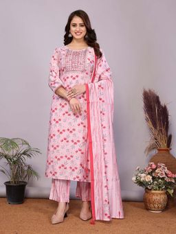 Rangita - Women Pink Floral Round Neck Straight Fit Kurta with Pant and Dupatta (Set of 3)