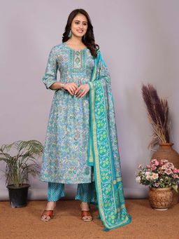 Rangita - Women Blue Printed Round Neck A-Line Kurta with Pant and Dupatta (Set of 3)