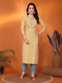 Rangita - Women Yellow Embroidered Round Neck Straight Fit Kurta with Pant (Set of 2)