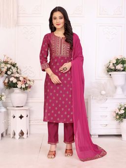 Rangita - Women Magenta Printed Round Neck Straight Fit Kurta with Pant and Dupatta (Set of 3)