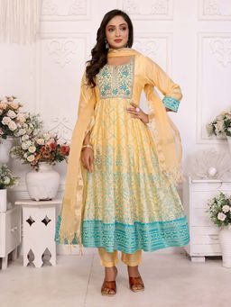 Rangita - Women Yellow Embroidered Round Neck Anarkali Kurta with Pant and Dupatta (Set of 3)