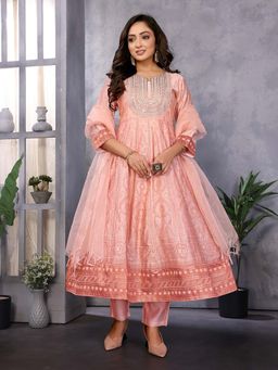 Rangita - Women Peach Embroidered Round Neck Anarkali Kurta with Pant and Dupatta (Set of 3)