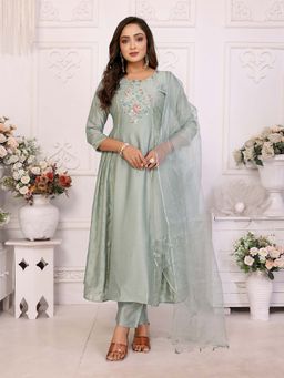 Rangita - Women Green Embroidered Round Neck Anarkali Kurta with Pant and Dupatta (Set of 3)