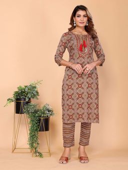 Rangita - Women Brown Printed Tie Up Neck Straight Fit Kurta with Pant (Set of 2)