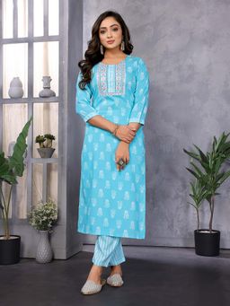 Rangita - Women Blue Embroidered Round Neck Straight Fit Kurta with Pant (Set of 2)