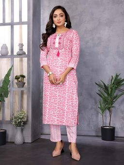 Rangita - Women Pink Floral Round Neck Straight Fit Kurta with Pant (Set of 2)