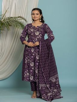 Rangita - Women Purple Floral Round Neck A-Line Kurta with Pant and Dupatta (Set of 3)