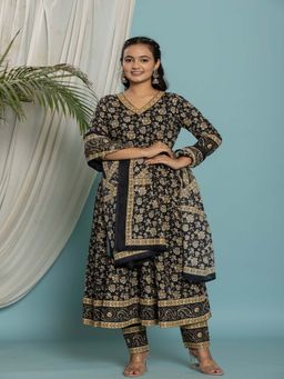 Rangita - Women Black Floral V-Neck Anarkali Kurta with Pant and Dupatta (Set of 3)