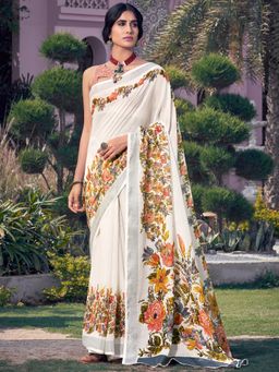 Akhilam - Womens Pure Linen Off White Printed Designer Saree with Unstitched Blouse