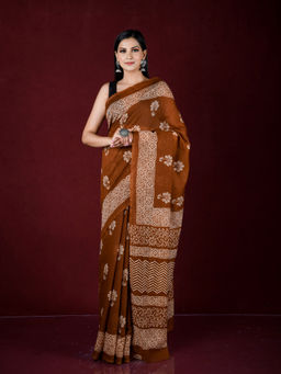 EXCLUSIVA - Brown Printed Cotton Saree with Unstitched Blouse