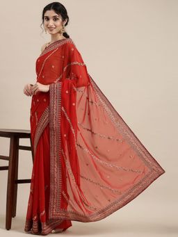 Vastranand - Red Floral Embroidered Saree with Unstitched Blouse