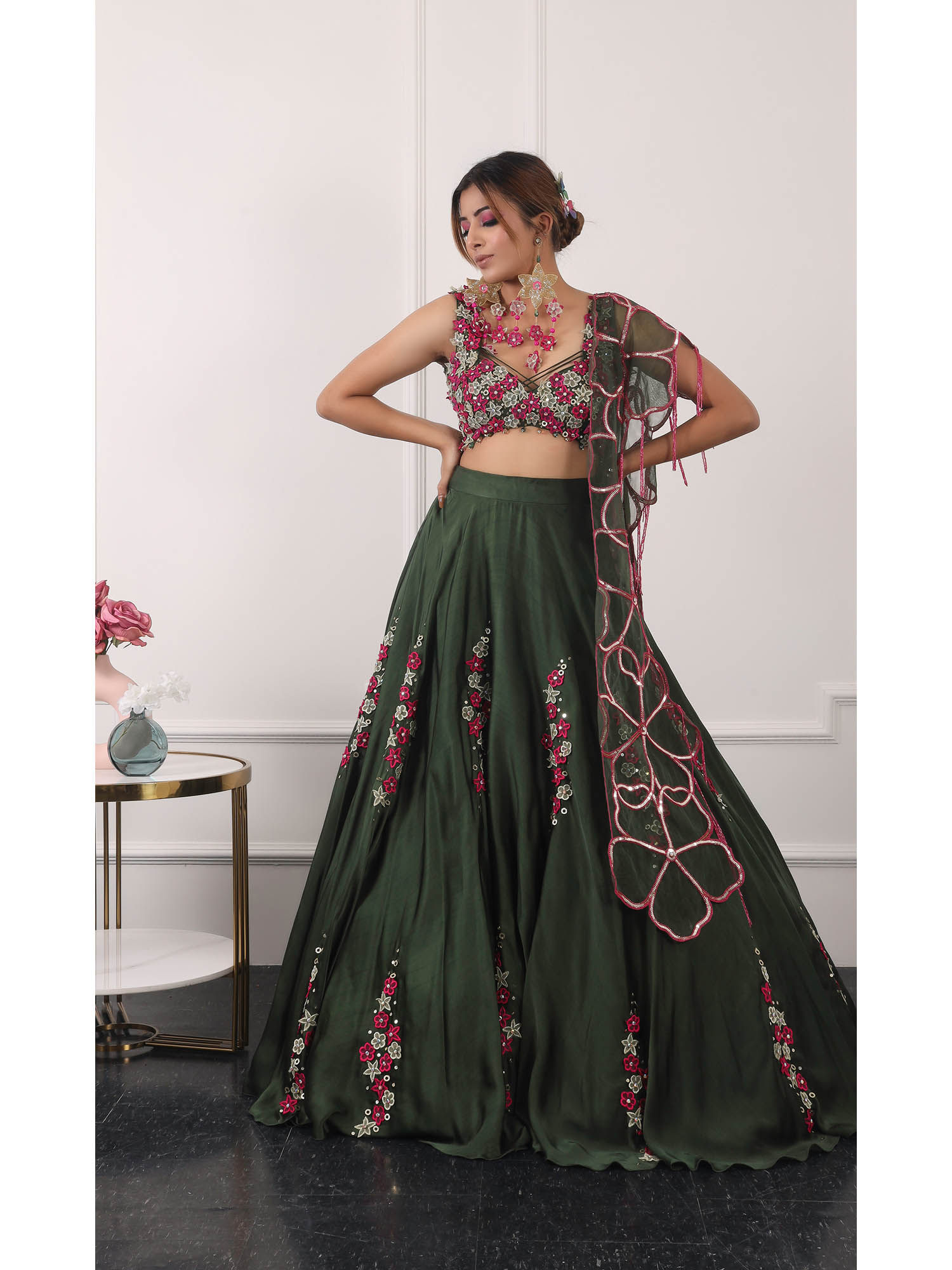 kiran kalsi Dark Green Embroidered Lehenga with Blouse and Dupatta (Set of 3)-picture-44
