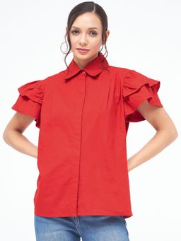 Kibo - Scarlet Red Collared Button Down Womens Blouse