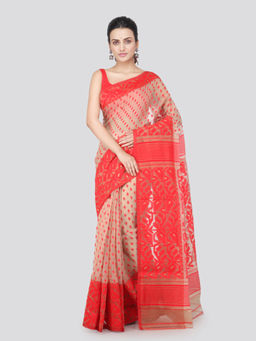 PinkLoom - Womens Soft Cotton Jamdani Saree without Blouse -Beige