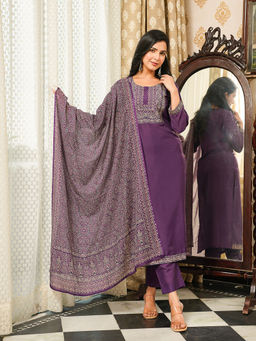 Vaamsi - Purple Ajrakh Printed Straight Kurta with Pant and Dupatta