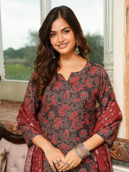 Vaamsi - Brown Floral Printed Straight Kurta with Pant and Dupatta