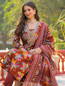 Vaamsi - Women Brown Viscose Floral Straight Kurta With Pant & Dupatta