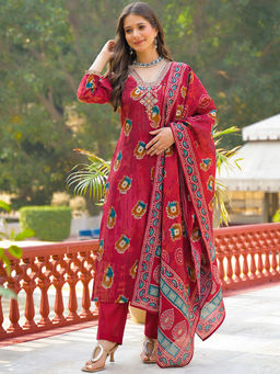 Vaamsi - Women Maroon Viscose Embroidered Straight Kurta With Pant & Dupatta