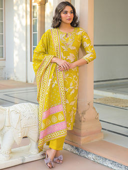 Vaamsi - Women Yellow Viscose Rayon Floral Straight Kurta With Pant & Dupatta