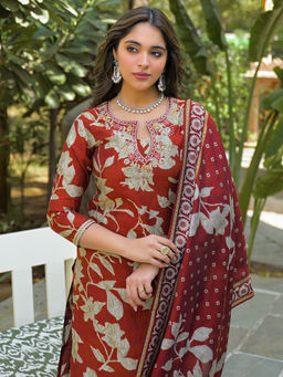 Vaamsi - Women Brown Viscose Rayon Embroidered Straight Kurta With Pant & Dupatta
