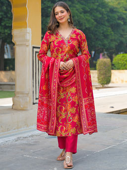 Vaamsi - Women Pink Viscose Rayon Floral Straight Kurta With Pant & Dupatta