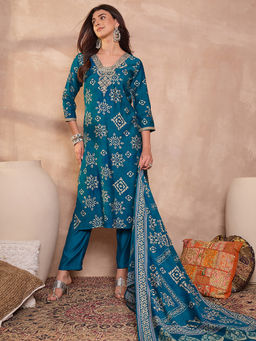 Vaamsi - Blue Silk Blend Printed Floral Kurti With Pant & Dupatta