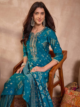 Vaamsi - Silk Blend Printed Blue Kurta And Pant With Dupatta