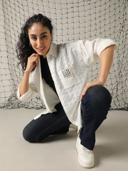 Hubberholme - WomenOversized Fit Spread Collar Shiffli Cotton Casual Shirt