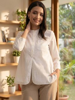 Pink Fort - Linen Blend Mandarin Collar Top - White