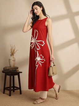 Pink Fort - Red & Off White Cotton Floral Placement Print Kurta with Pant (Set of 2)