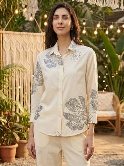Pink Fort - Off White Cotton Bandhani Floral Shirt