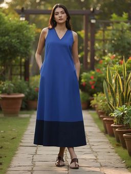 Pink Fort - Cotton Colourblock A-Line Dress - Blue