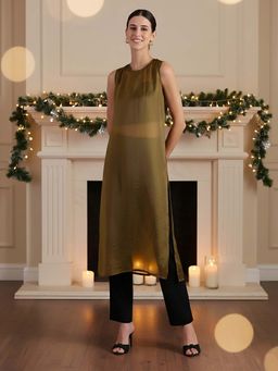 Pink Fort - Polyester Gold Kurta with Pant & Inner