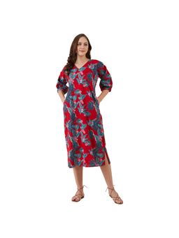 The Kaftan Company - Floral Tropical Paradise Casual Linen Dress Red
