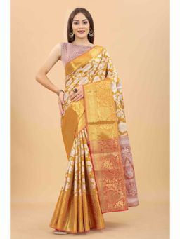 Silk Land - Zari Tissue Silk Saree with Unstiched Blouse Piece Yellow with Unstitched