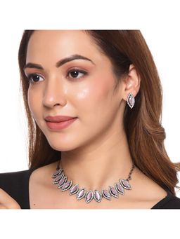 Yellow Chimes - Pink Stone and White Crystal Studded Leaf Designed Jewellery Set