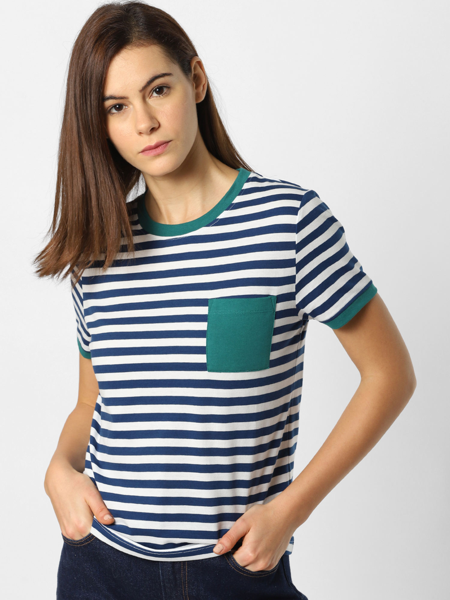 White Striped Patch Pocket T-Shirt 