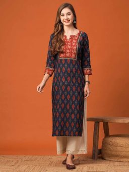 FASHOR - Navy Blue Floral Printed Kurta