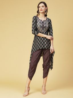 FASHOR - Floral Printed And Embroidered High Low Kurta With Dhoti Pant - Green (Set of 2)