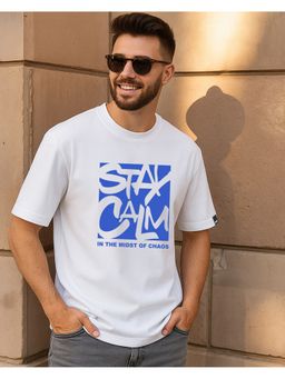 Bewakoof - Men White Stay Calm Graphic Printed Oversized T-Shirt